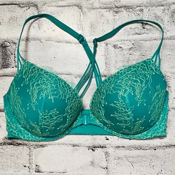 Victoria's Secret Teal Padded Lace Clasp in Front Underwire Bra Size 36D - Picture 1 of 9